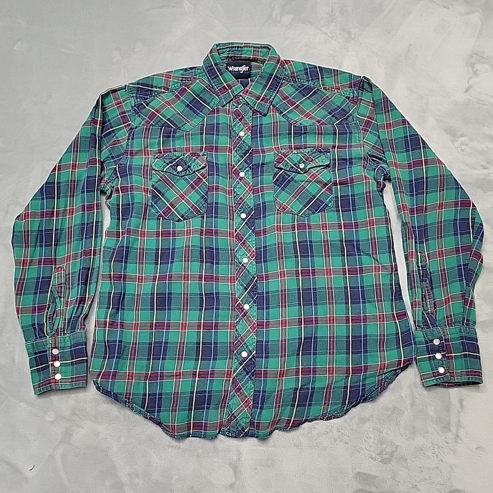 Wrangler Shirt Mens Medium Green Plaid Button Down Western Pearl Snap Flannel